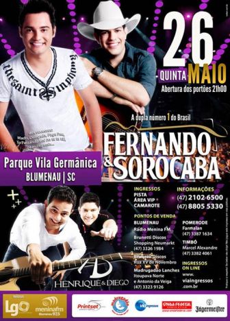 Confirmado! Fernando e Sorocaba em Blumenau no dia 26 de Maio
